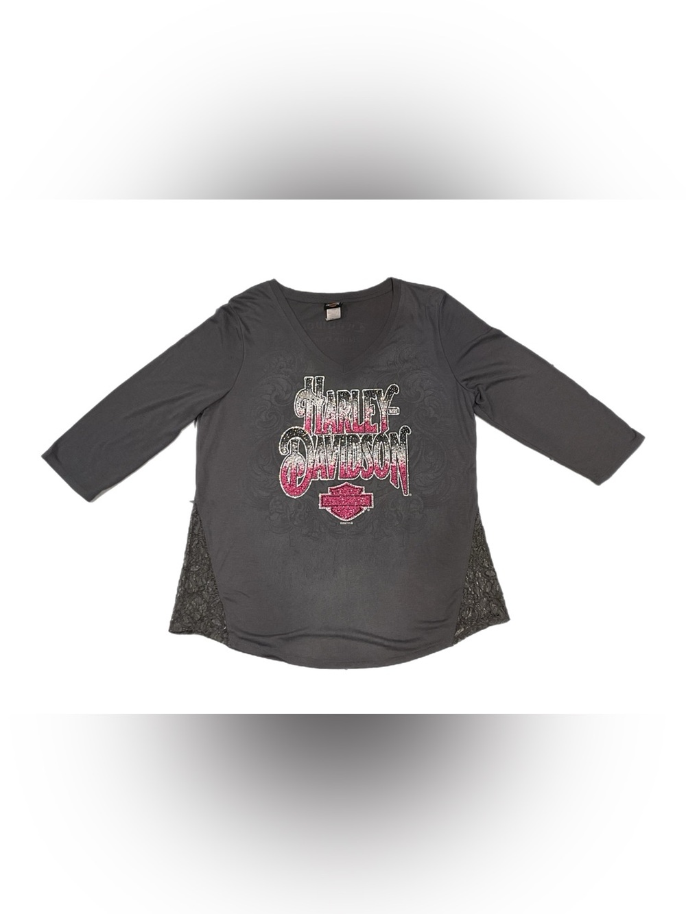 Harley Davidson Rhinestone Lace Side Long Sleeve Top